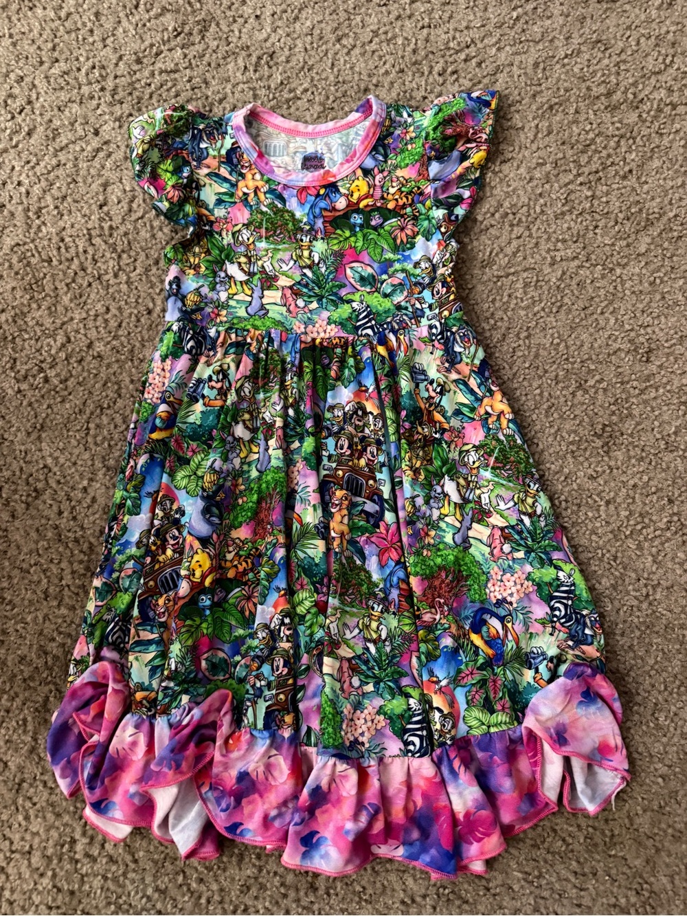 Girls Pink & Multi Jungle Print Ruffle-Hem Casual Dress